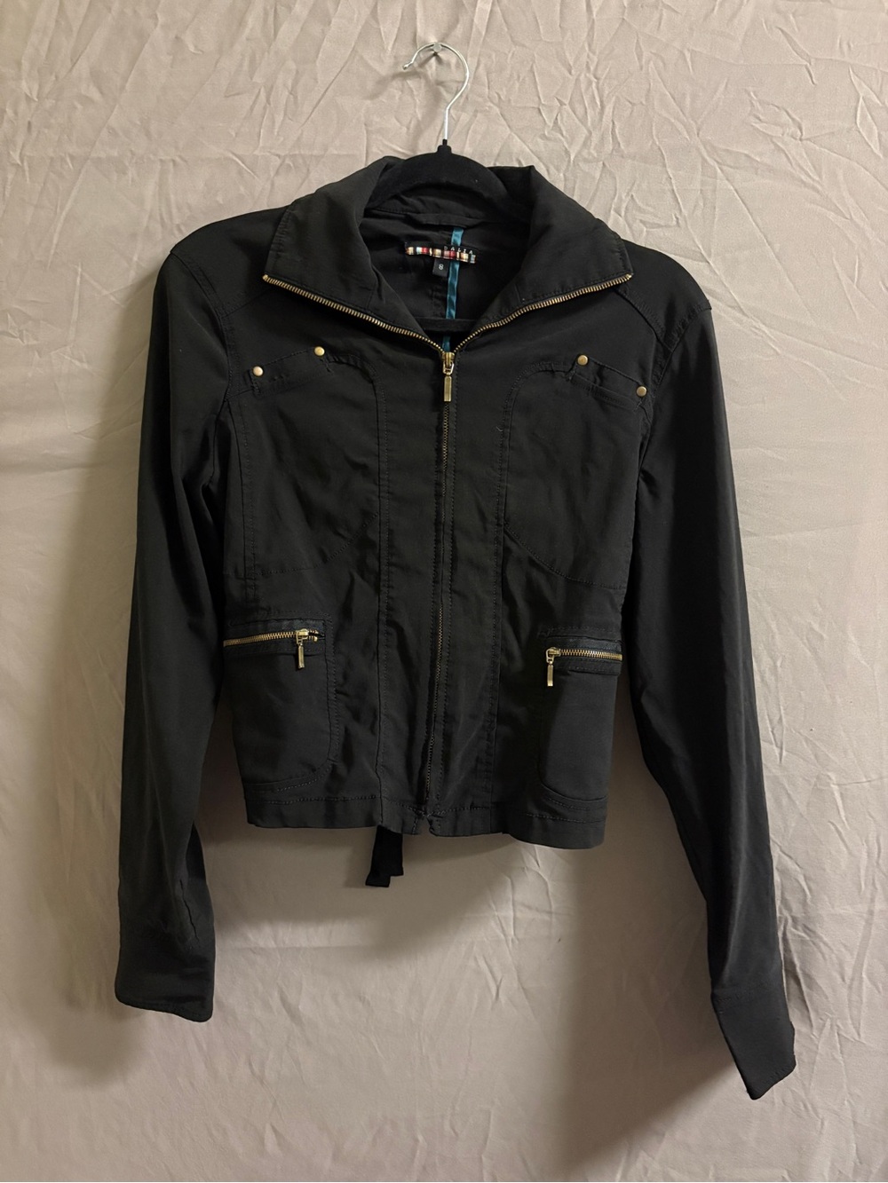 Dalia Black Zip-Front Utility Jacket with Gold Accents